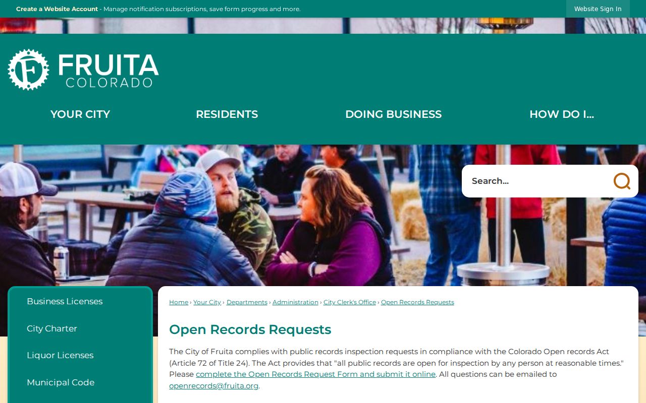 Fruita open records page routing police records to Fruita Police