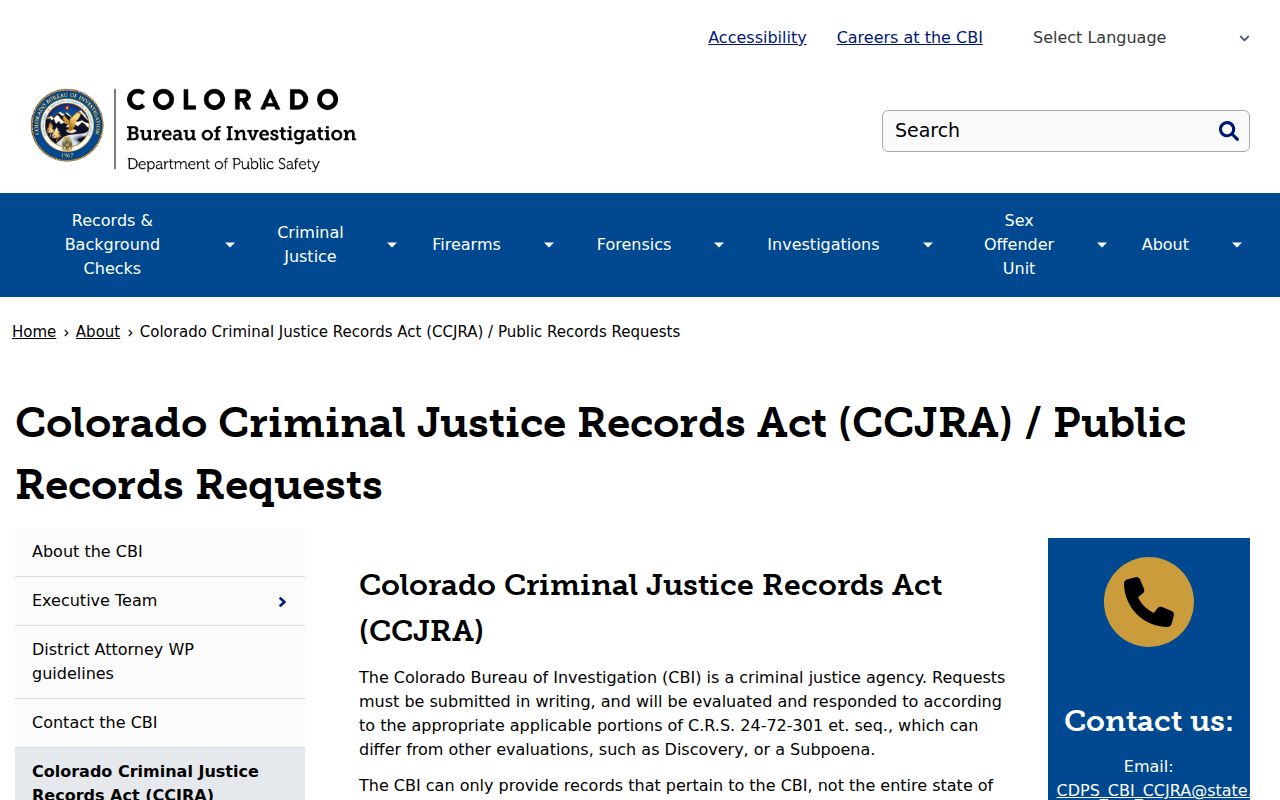 Colorado Bureau of Investigation CCJRA public records request page