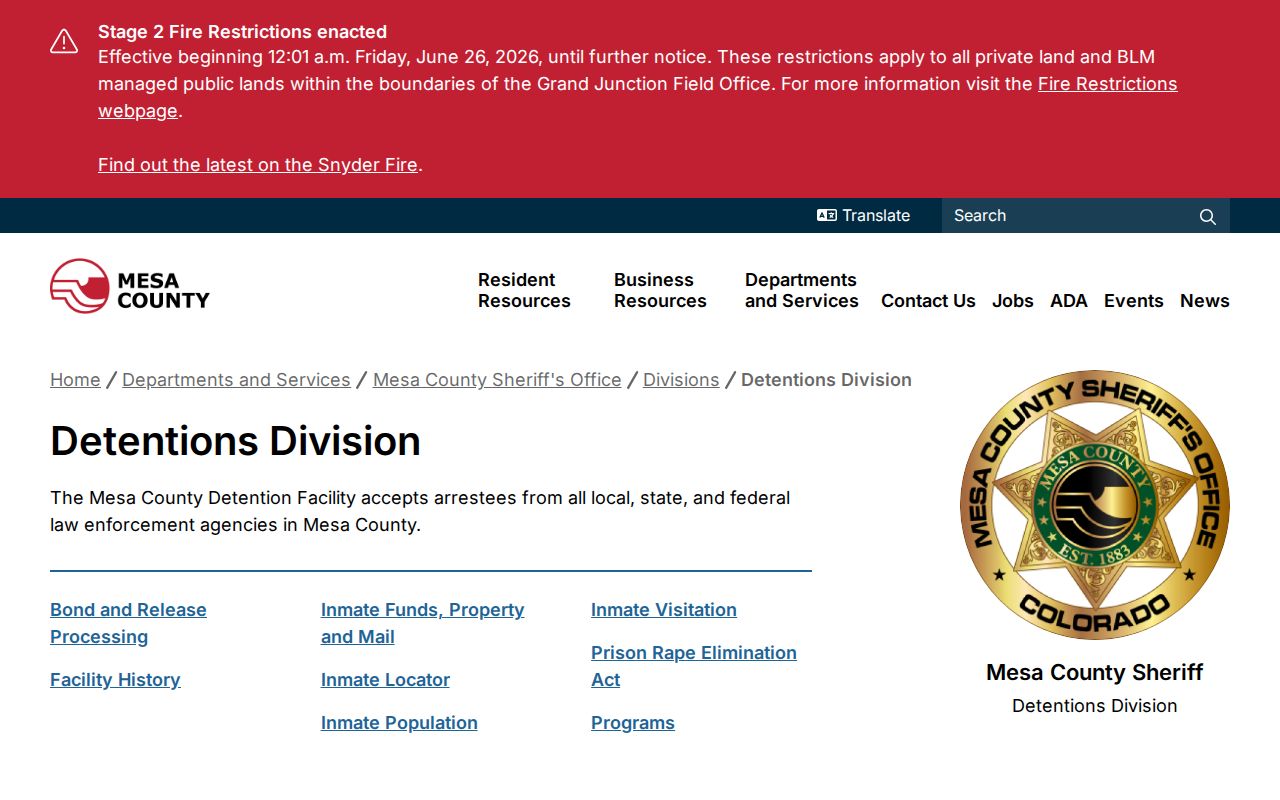Mesa County Sheriff's Detentions Division official webpage