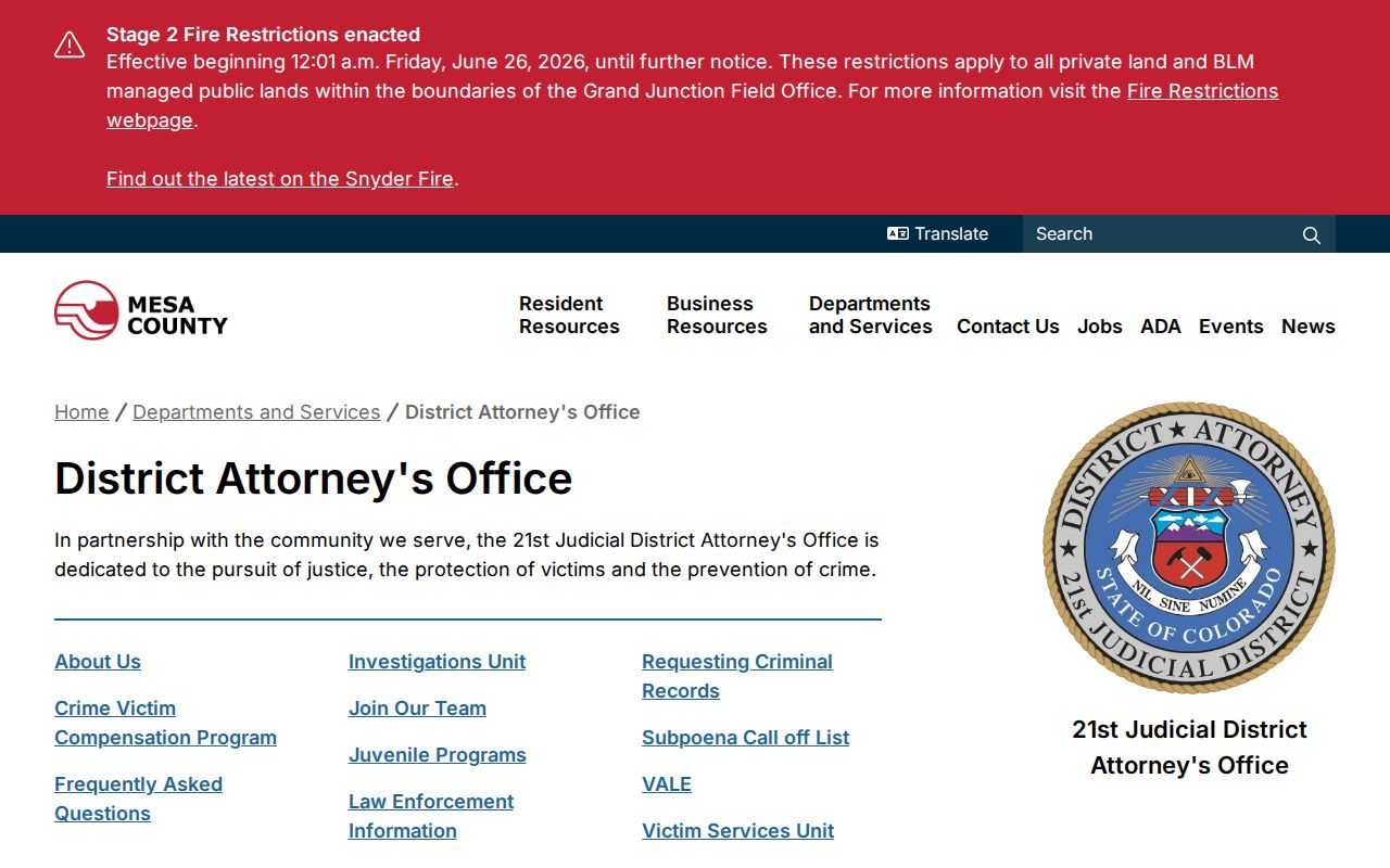 21st Judicial District Attorney official Mesa County webpage