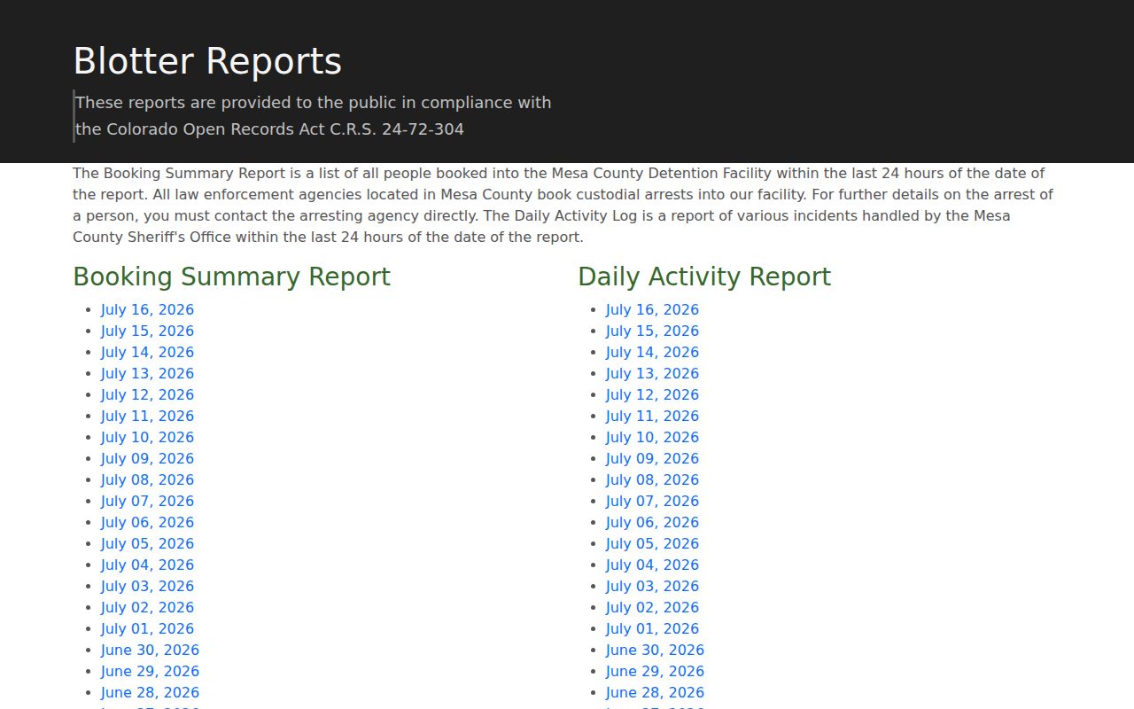 Mesa County Sheriff official Booking Summary and Daily Activity report interface