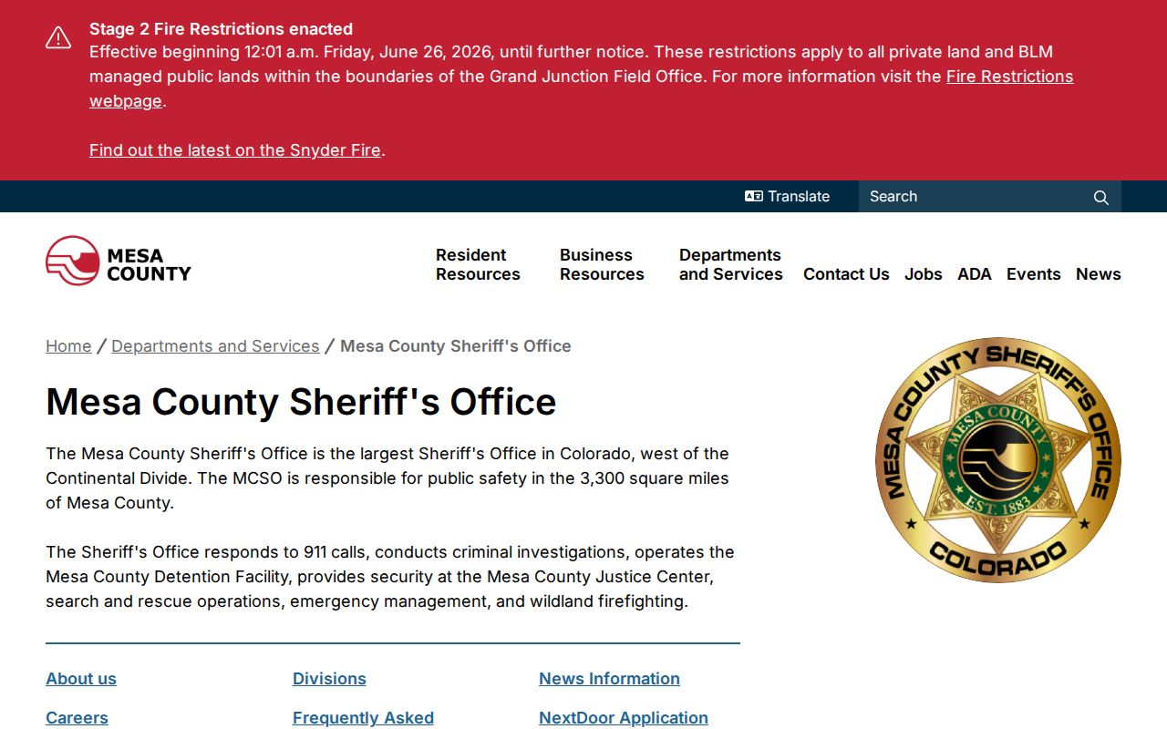 Mesa County criminal history sheriff services page